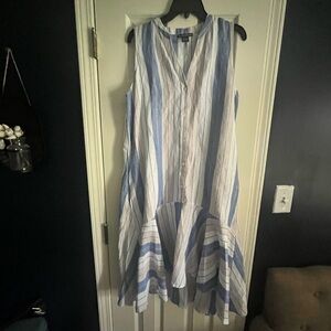 Chelsea & Theodore Blue, White, Tan striped long linen Sundress